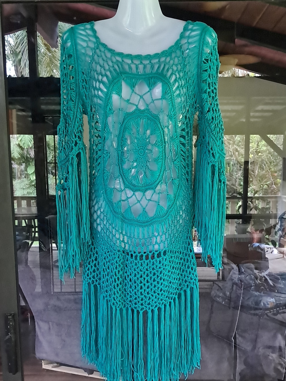 Bohemian Teal Crochet Swim Cover-Up Dress